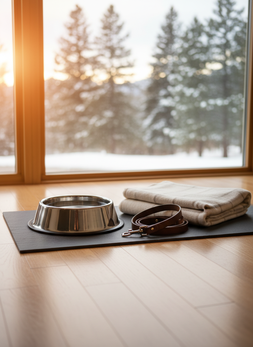 A polished stainless steel dog bowl filled with fresh water, placed on a clean, slate-gray mat beside a neatly coiled leather leash and a folded wool blanket near a large window. Outside the glass, a softly blurred view of Colorado pines dusted with snow hints at Castle Pines. Golden hour sunlight pours in, creating warm highlights on the metal and subtle reflections on the hardwood floor. Photographic realism, shot from a low angle with rule-of-thirds framing, calm and reassuring atmosphere, emphasizing reliable, high-end dog-walking and pet care services in a sophisticated home setting.